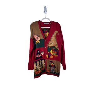 Vintage Knit Fall Thanksgiving Cardigan Pumpkin Scarecrow Halloween L
